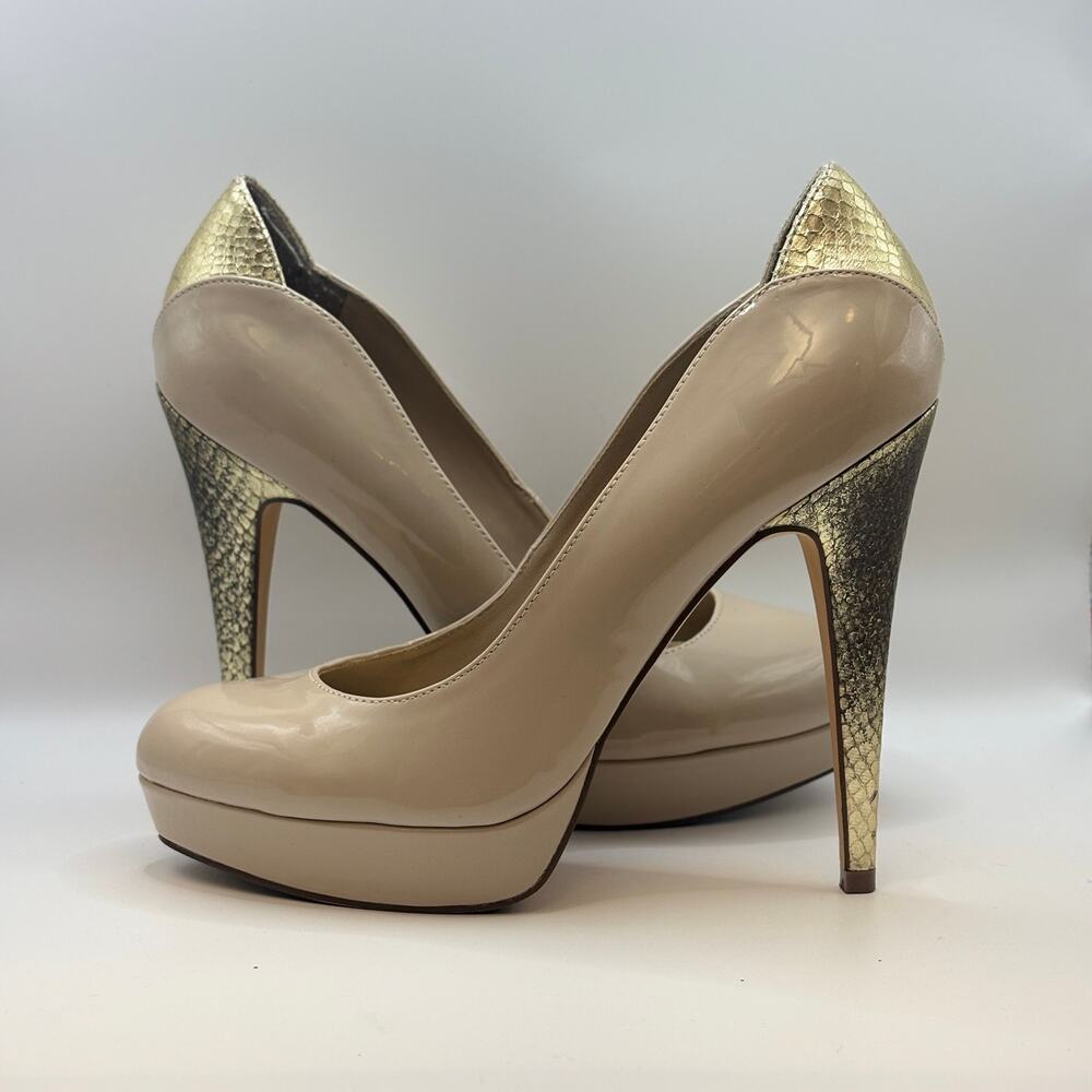 Nude Patent Platform Metallic Pumps Snakeskin Stiletto Heels Y2K Glam Size 8.5M